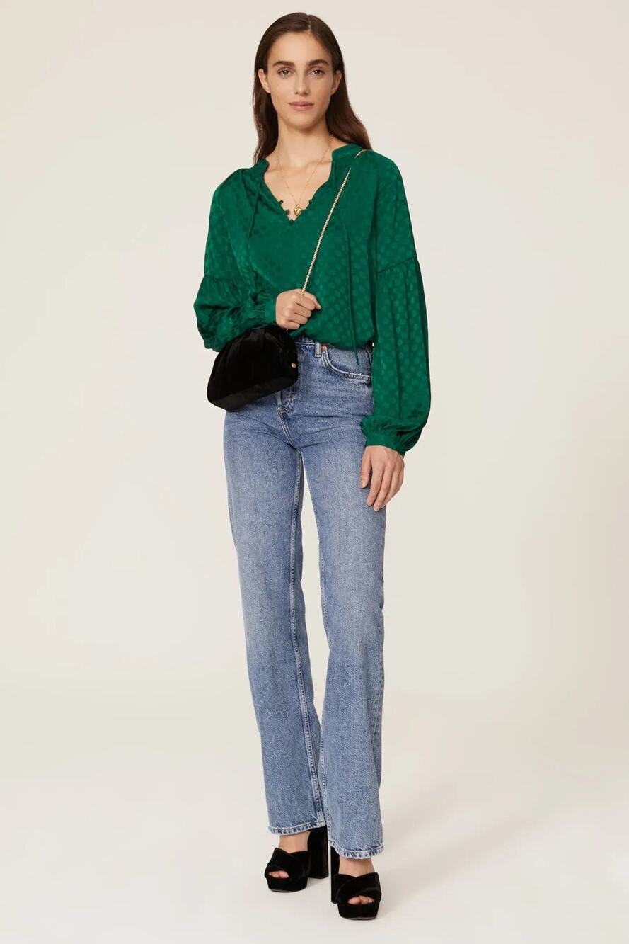 Great Jones Women’s‎ Emerald Green Polka Dot Peasant Blouse Boho Top - Medium